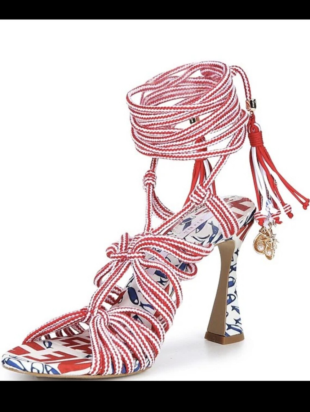 NWOT Gianni Bini Haiku Wrap Sardine Print Heeled Tassle Sandals-Red/White Stripe